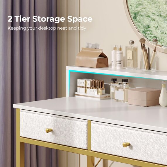 Seventable Schminktisch mit Hocker, 2 Stoffschubladen und Steckdosen, moderner Make-up-Schminktisch mit Werkzeughaken für Schlafzimmer, Schreibtisch für kleine Räume, Gold & Weiß (kein Spiegel)