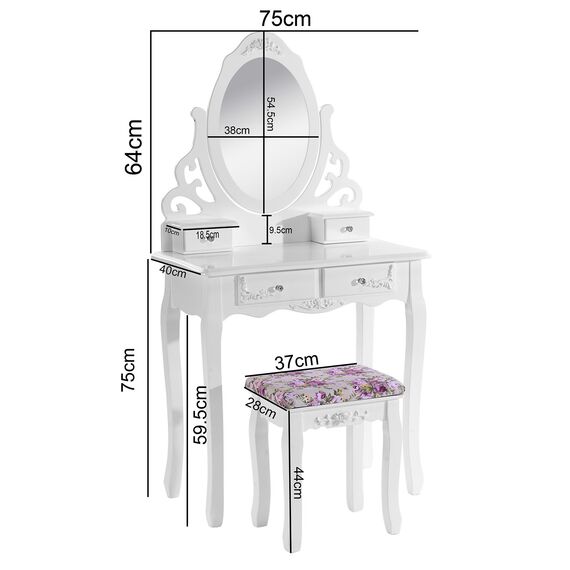 WOLTU Schminktisch Kosmetiktisch Frisiertisch mit Spiegel und Hocker 4 Schubladen MDF und massives Kiefernholz Weiß 75 x 139 x 40cm(B x H x T) MB6024cm