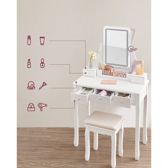 VASAGLE Schminktisch mit LED-Beleuchtung in 3 Farben, Frisiertisch mit 360° drehbarem Spiegel, Kosmetiktisch mit gepolstertem Hocker, 5 Schubladen, abnehmbarem Make-up-Organizer, weiß RDT25WL