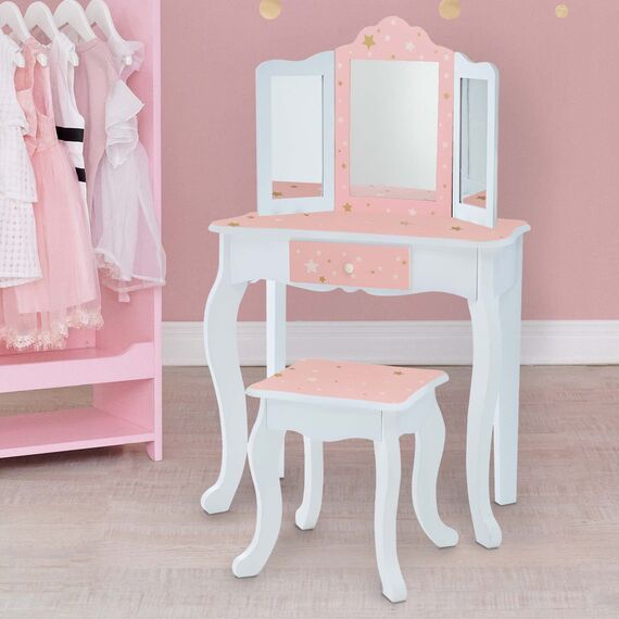 Teamson Kids Childrens Rosa Holz-Schminktisch und Hocker Spiegel TD-11670K