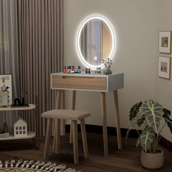 YU YUSING Schminktisch mit Beleuchtung,Frisiertisch mit LED Spiegel Schubladen, Kosmetiktisch mit gepolstertem Hocker,Kommode Make-up Tisch,Modern