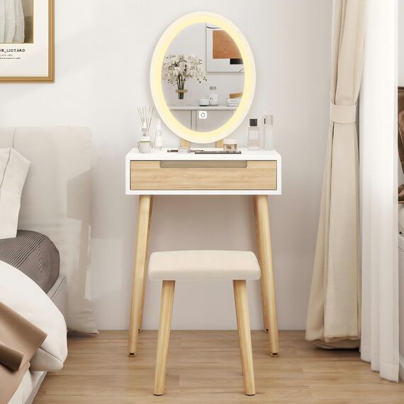 YU YUSING Schminktisch mit Beleuchtung,Frisiertisch mit LED Spiegel Schubladen, Kosmetiktisch mit gepolstertem Hocker,Kommode Make-up Tisch,Modern
