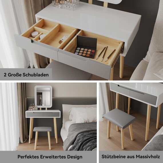 YU YUSING Schminktisch mit Beleuchtung,Frisiertisch mit Spiegel Schubladen,Kosmetiktisch mit gepolstertem Hocker, Kommode Make-up Tisch, Tisch für Frau, Modern