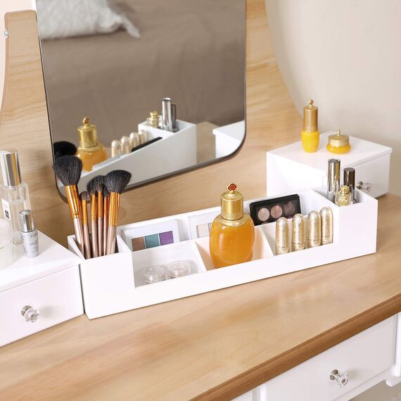 VASAGLE Schminktisch, Frisiertisch mit drehbarem Spiegel ohne Rahmen, Kosmetiktisch, Frisierkommode, für Make-up, mit Polsterhocker, 5 Schubladen, beweglicher Aufbewahrungskasten, Weiß-Natur RDT25K