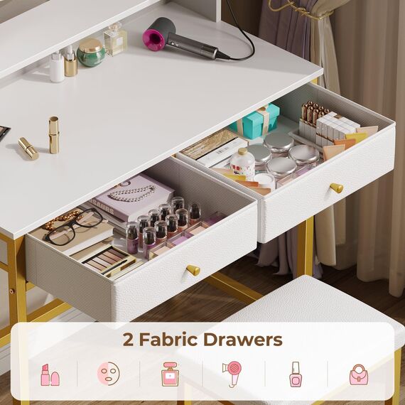 Seventable Schminktisch mit Hocker, 2 Stoffschubladen und Steckdosen, moderner Make-up-Schminktisch mit Werkzeughaken für Schlafzimmer, Schreibtisch für kleine Räume, Gold & Weiß (kein Spiegel)