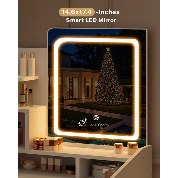 LIVELYGLOW Kleiner Schminktisch Set mit quadratischem Spiegel und Licht, Schminktisch mit Schublade, Weiß