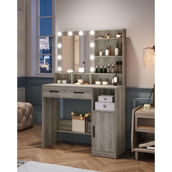 Hzuaneri Schminktisch mit Spiegel und 10 LED-Beleuchtung, Einstellbare Helligkeit, Schminkkommode mit 2 Schublade & 1 Schrank, 3 Ablagen & 4 offenen Fächern, Greige DT32505X