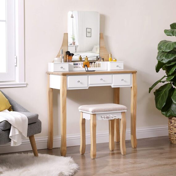 VASAGLE Schminktisch, Frisiertisch mit drehbarem Spiegel ohne Rahmen, Kosmetiktisch, Frisierkommode, für Make-up, mit Polsterhocker, 5 Schubladen, beweglicher Aufbewahrungskasten, Weiß-Natur RDT25K
