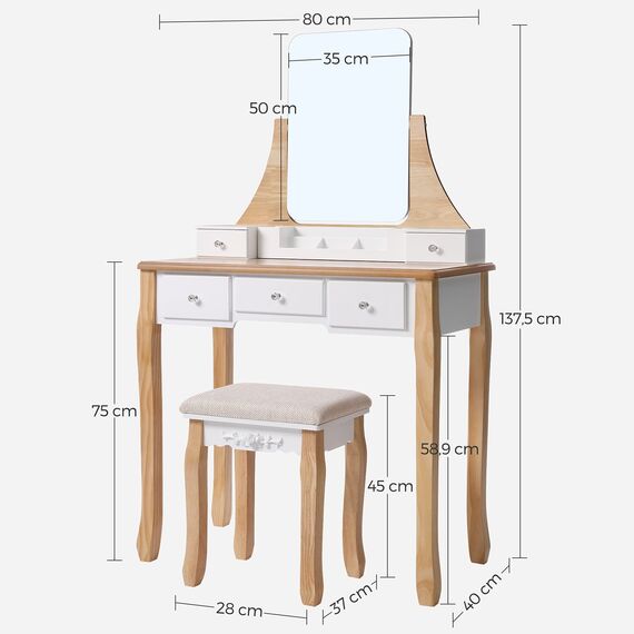 VASAGLE Schminktisch, Frisiertisch mit drehbarem Spiegel ohne Rahmen, Kosmetiktisch, Frisierkommode, für Make-up, mit Polsterhocker, 5 Schubladen, beweglicher Aufbewahrungskasten, Weiß-Natur RDT25K