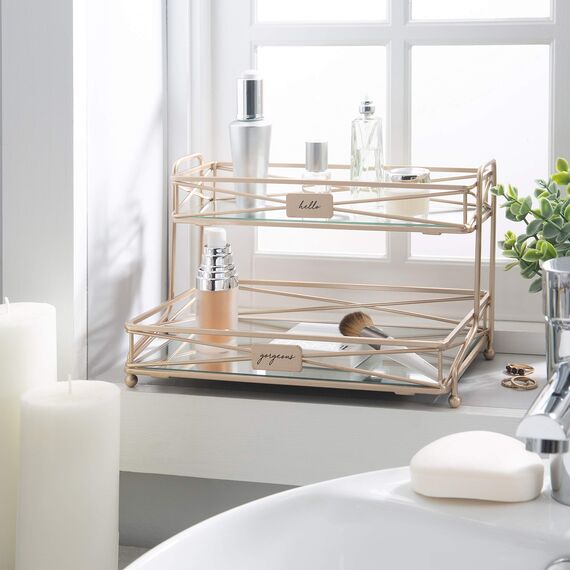 Home Details Kosmetikturm mit 2 Ebenen, verspiegelt, perfekt für Parfums, Schmuck, Make-up, Kosmetik-Organizer, stilvolle Dekoration in Roségold 2-stöckiger Schminkturm, Rose Gold