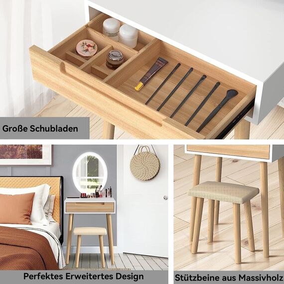 YU YUSING Schminktisch mit Beleuchtung,Frisiertisch mit LED Spiegel Schubladen, Kosmetiktisch mit gepolstertem Hocker,Kommode Make-up Tisch,Modern