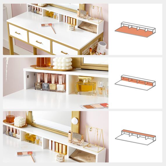 VASAGLE Schminktisch mit Beleuchtung, Frisiertisch mit Hocker, Kosmetiktisch, 10 LED-Glühbirnen, Spiegel, einstellbare Helligkeit, für Schlafzimmer, modern, weiß-goldfarben RVT014A10