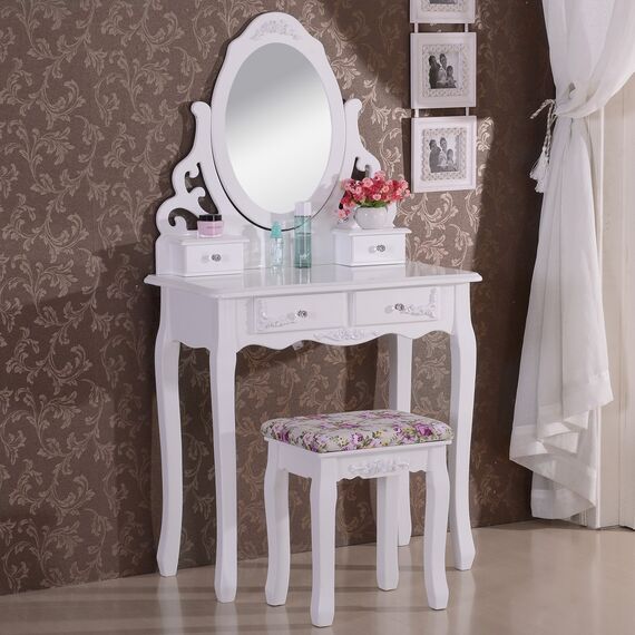 WOLTU Schminktisch Kosmetiktisch Frisiertisch mit Spiegel und Hocker 4 Schubladen MDF und massives Kiefernholz Weiß 75 x 139 x 40cm(B x H x T) MB6024cm