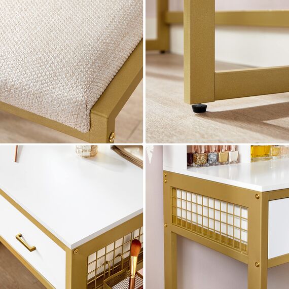 VASAGLE Schminktisch mit Beleuchtung, Frisiertisch mit Hocker, Kosmetiktisch, 10 LED-Glühbirnen, Spiegel, einstellbare Helligkeit, für Schlafzimmer, modern, weiß-goldfarben RVT014A10