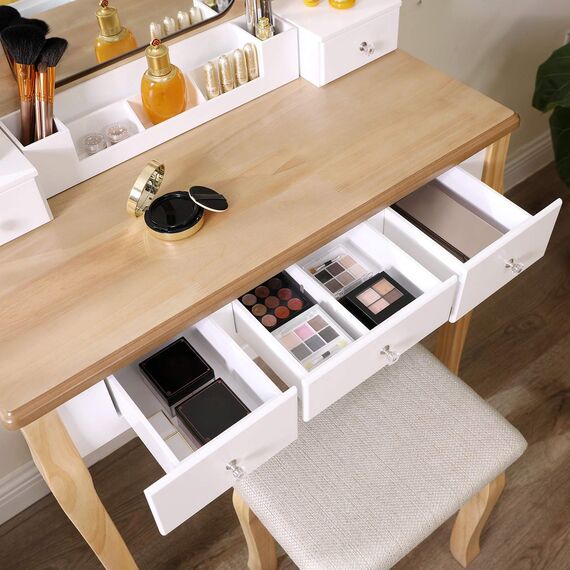 VASAGLE Schminktisch, Frisiertisch mit drehbarem Spiegel ohne Rahmen, Kosmetiktisch, Frisierkommode, für Make-up, mit Polsterhocker, 5 Schubladen, beweglicher Aufbewahrungskasten, Weiß-Natur RDT25K