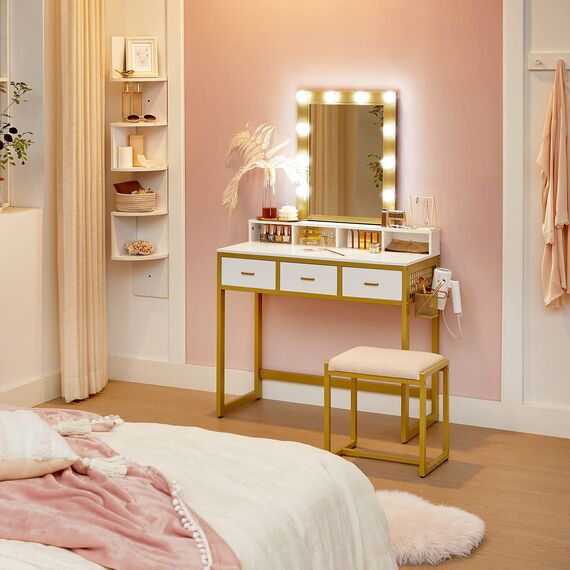 VASAGLE Schminktisch mit Beleuchtung, Frisiertisch mit Hocker, Kosmetiktisch, 10 LED-Glühbirnen, Spiegel, einstellbare Helligkeit, für Schlafzimmer, modern, weiß-goldfarben RVT014A10