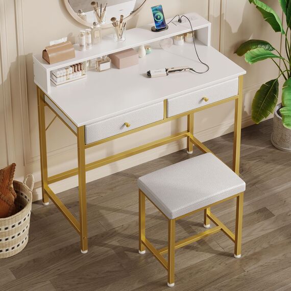 Seventable Schminktisch mit Hocker, 2 Stoffschubladen und Steckdosen, moderner Make-up-Schminktisch mit Werkzeughaken für Schlafzimmer, Schreibtisch für kleine Räume, Gold & Weiß (kein Spiegel)