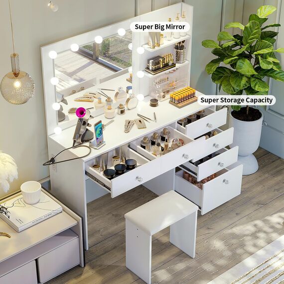 VOWNER Schminktisch mit Lichtern – 119,4 cm Make-up-Schreibtisch mit Steckdose, Aufbewahrungsregalen und 6 Schubladen, 3 Farb-Beleuchtungsmodi mit einstellbarer Helligkeit, Make-up-Schreibtisch mit