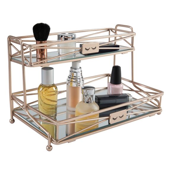 Home Details Kosmetikturm mit 2 Ebenen, verspiegelt, perfekt für Parfums, Schmuck, Make-up, Kosmetik-Organizer, stilvolle Dekoration in Roségold 2-stöckiger Schminkturm, Rose Gold
