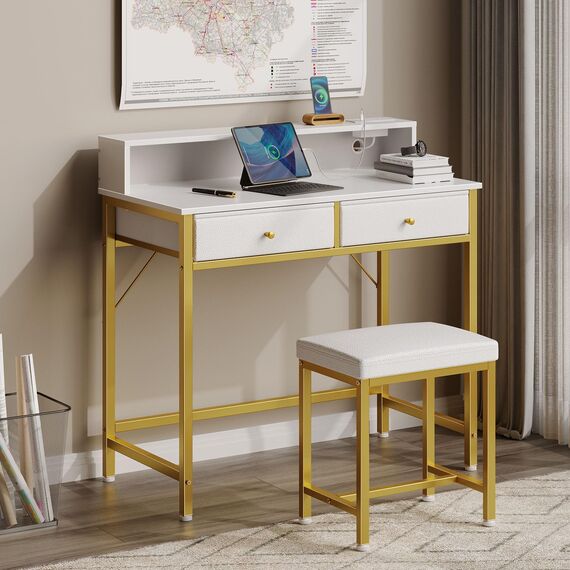 Seventable Schminktisch mit Hocker, 2 Stoffschubladen und Steckdosen, moderner Make-up-Schminktisch mit Werkzeughaken für Schlafzimmer, Schreibtisch für kleine Räume, Gold & Weiß (kein Spiegel)