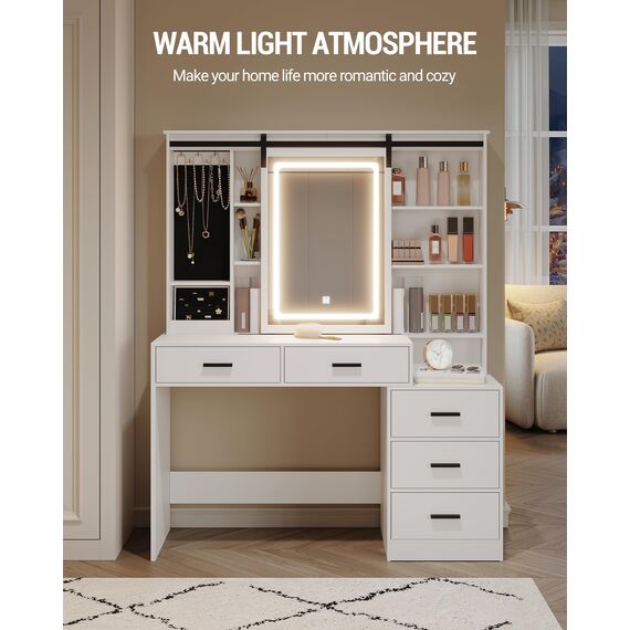 Hzuaneri Schminktisch mit Verstellbarer LED-Beleuchtung, Abnehmbarer Großer Spiegel, mit Schmuckaufbewahrung, Offene Regale, 5 Schubladen, mit Beistelltisch, für Schlafzimmer, Weiß DT33103X