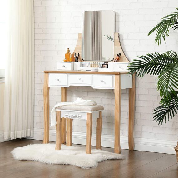 VASAGLE Schminktisch, Frisiertisch mit drehbarem Spiegel ohne Rahmen, Kosmetiktisch, Frisierkommode, für Make-up, mit Polsterhocker, 5 Schubladen, beweglicher Aufbewahrungskasten, Weiß-Natur RDT25K