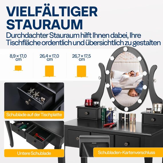 VIVOHOME Schminktisch-Set mit 10 LED-Leuchten Schminktisch mit 360° drehbarem beleuchtetem Spiegel und gepolstertem Hocker