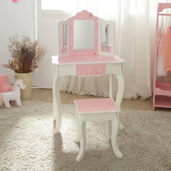 Teamson Kids Childrens Rosa Holz-Schminktisch und Hocker Spiegel TD-11670K