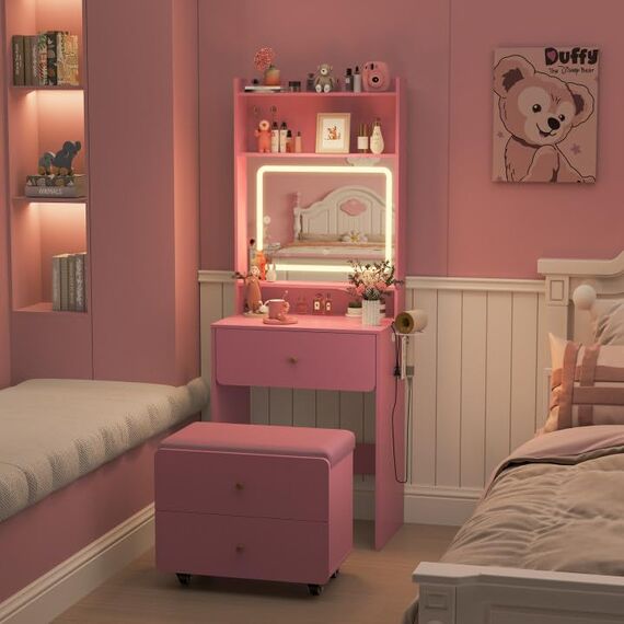 Vabches Kleines Schminktisch-Set mit 3 verstellbaren beleuchteten Spiegeln und Aufbewahrungsstühlen, Schminkset mit Ladestation, kleine Räume, Schminktisch für Schlafzimmer, Rosa