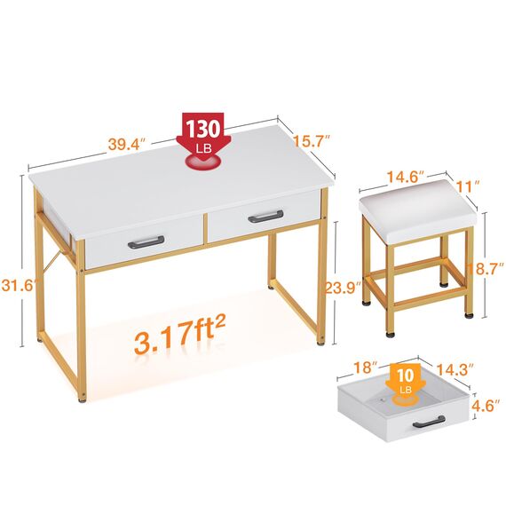 AODK Schminktisch mit 2 Stoffschubladen, 101,6 cm Make-up Schminktisch ohne Spiegel, kleiner weißer Schminktisch für Schlafzimmer, Schminktisch mit Stuhl, Mädchen Eitelkeitsset, Weiß und Gold