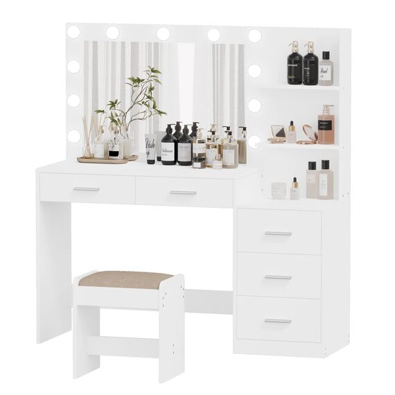 Rovaurx 118,6 cm W Make-up-Set mit Lichtern und Spiegel, Schminktisch mit 5 Schubladen, 3 Beleuchtungsfarben, Schminktisch für Schlafzimmer, Studio, Weiß RSZT106WD