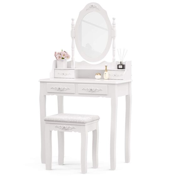 mecor Schminktisch-Set mit 4 Schubladen, Schminktisch mit gepolstertem Hocker, für Mädchen und Frauen, Schlafzimmermöbel-Set, ovaler Spiegel, Weiß
