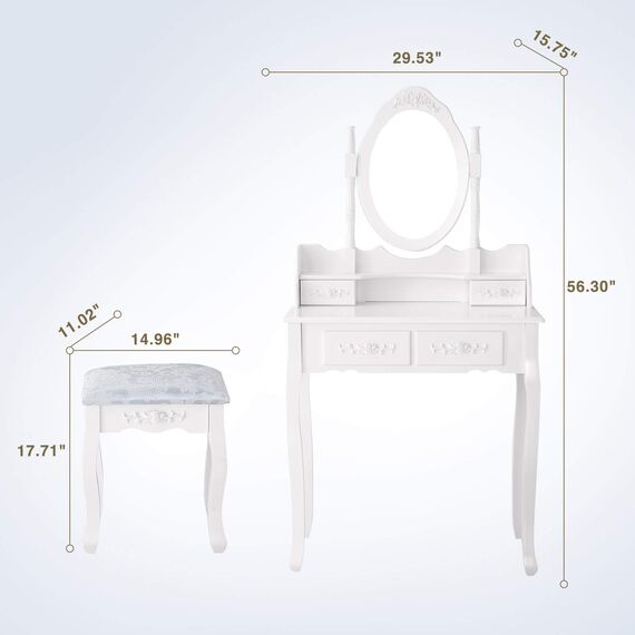 mecor Schminktisch-Set mit 4 Schubladen, Schminktisch mit gepolstertem Hocker, für Mädchen und Frauen, Schlafzimmermöbel-Set, ovaler Spiegel, Weiß