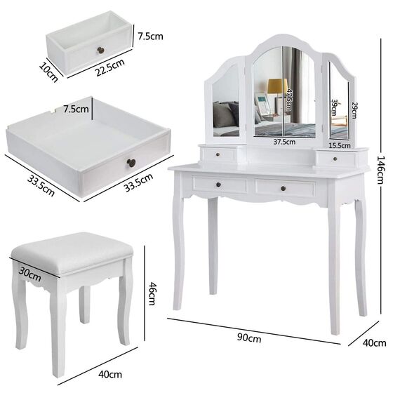 Meerveil Schminktisch mit Hocker, Frisierkommode Frisiertisch mit 3 Spiegel, 4 Schubladen, rutschfeste Aufkleber, Weiß