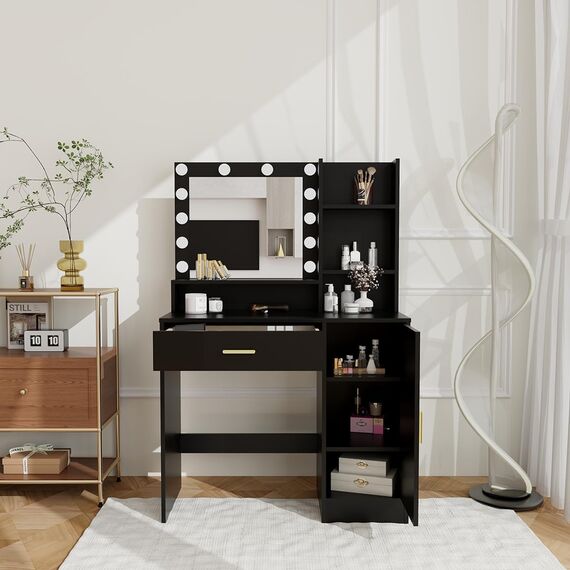 Schminktisch, Kosmetikspiegel mit Lichtern und Tischset mit 1 großen Schubladen, 1 Schrank & 4 Ablagen, Make-up-Schminktisch-Set, 3 Beleuchtungsmodi, Helligkeit, verstellbarer Schminktisch (schwarz)