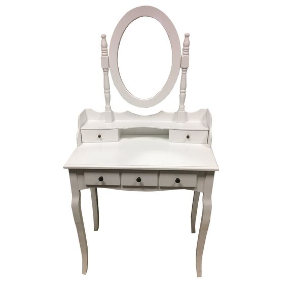 Schminktisch, Set mit Hocker und Spiegel, 5 Schublade, weiß, Frisiertisch, Make-up, Schlafzimmer, von Redstone