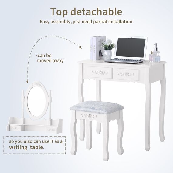 mecor Schminktisch-Set mit 4 Schubladen, Schminktisch mit gepolstertem Hocker, für Mädchen und Frauen, Schlafzimmermöbel-Set, ovaler Spiegel, Weiß