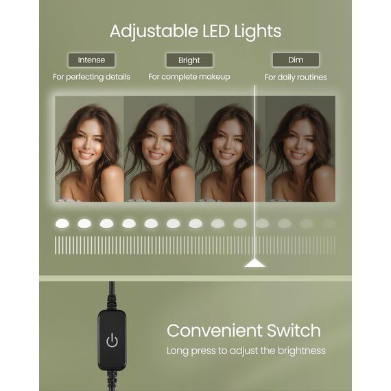 VASAGLE Schminktisch mit Spiegel und Lichtern, Make-up-Schminktisch mit gepolstertem Schminkhocker, 9 dimmbare LED-Leuchten, 3 Fächer, 2 Schubladen, für Schlafzimmer, Tintenschwarz URDT129B01
