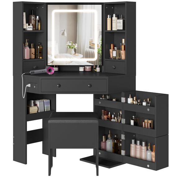 BTHFST Eck-Schminktisch mit beleuchtetem Spiegel, Schminktisch mit Lichtern und Ladestation, Schminktisch mit Spiegel und Aufbewahrungshocker, Schminktisch mit Schubladen, drehbare Regale, Schwarz