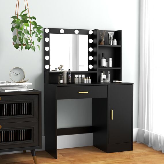 Schminktisch, Kosmetikspiegel mit Lichtern und Tischset mit 1 großen Schubladen, 1 Schrank & 4 Ablagen, Make-up-Schminktisch-Set, 3 Beleuchtungsmodi, Helligkeit, verstellbarer Schminktisch (schwarz)