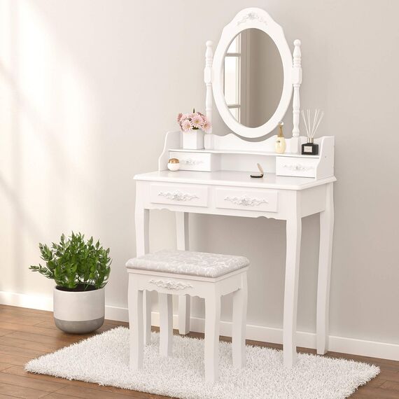 mecor Schminktisch-Set mit 4 Schubladen, Schminktisch mit gepolstertem Hocker, für Mädchen und Frauen, Schlafzimmermöbel-Set, ovaler Spiegel, Weiß