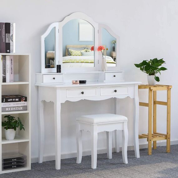 Meerveil Schminktisch mit Hocker, Frisierkommode Frisiertisch mit 3 Spiegel, 4 Schubladen, rutschfeste Aufkleber, Weiß