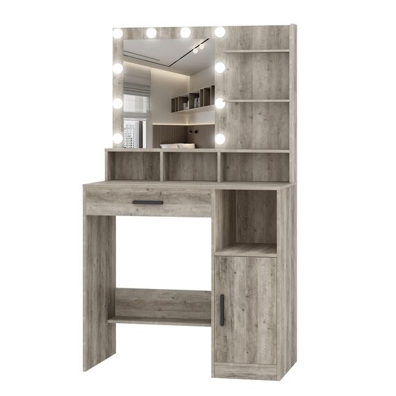 Hzuaneri Schminktisch mit Spiegel und 10 LED-Lichtern, Schminktisch mit 3 Ablagen & 4 offenen Fächern, großer Schublade & Schrank, einstellbare Beleuchtungshelligkeit, Greige VT08105XUK