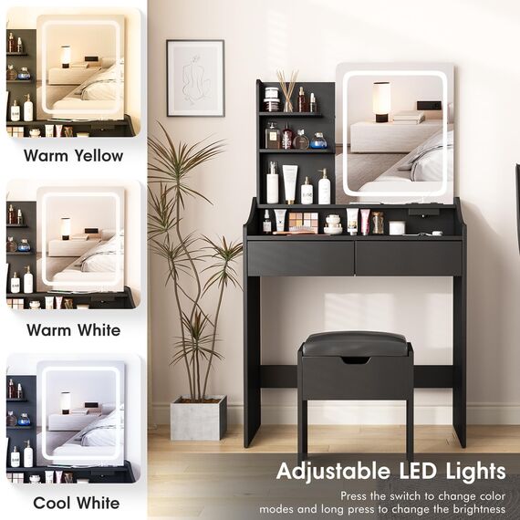 Vabches Schminktisch mit LED-Lichtspiegel und Ladestation, kleines süßes Schminktisch-Set mit 4 Ablagefächern, 2 Schubladen, Schminktisch für Mädchen und Frauen mit Aufbewahrungshocker, Schminktisch