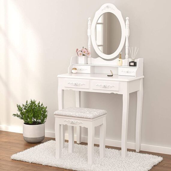 Mecor Schminktisch-Set, Holz-Make-up-Tisch mit ovalem Spiegel, Frisiertisch mit gepolstertem Hocker und 4 Schubladen, für Mädchen und Damen, Weiß