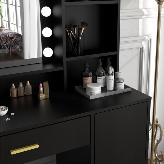 Schminktisch, Kosmetikspiegel mit Lichtern und Tischset mit 1 großen Schubladen, 1 Schrank & 4 Ablagen, Make-up-Schminktisch-Set, 3 Beleuchtungsmodi, Helligkeit, verstellbarer Schminktisch (schwarz)