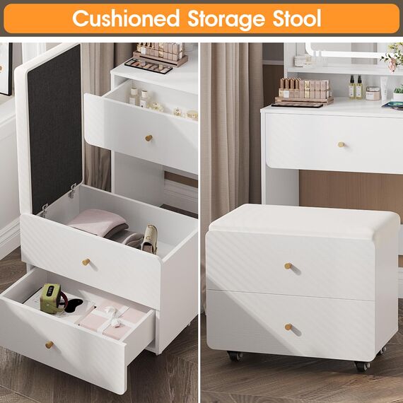 Vabches Kleines Schminktisch-Set mit 3 verstellbaren beleuchteten Spiegeln und Aufbewahrungsstuhl, weißes Schminkset mit Ladestation, kleine Räume, Schminktisch für Schlafzimmer