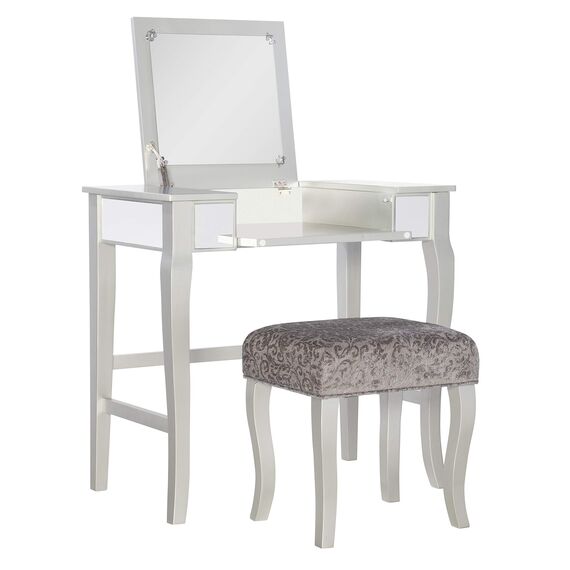 Linon Silver Vanity Set Harper Silber Schminkset, Polyurethan, 32" W x 18" D x 46.75" H