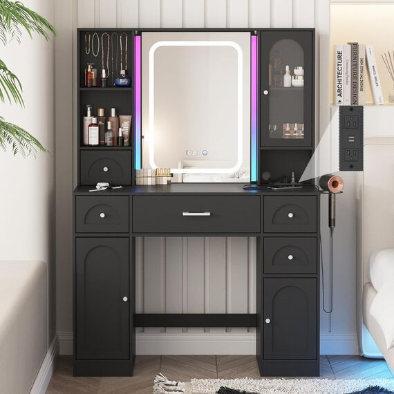 Fameill Schwarzer Make-up-Schreibtisch mit Lichtern, Make-up-Schminktisch mit RGB-Lichtern und Steckdosenleiste, Schminktisch mit 5 Schubladen, viel Stauraum und Zeitanzeige, 3 Beleuchtungsmodi