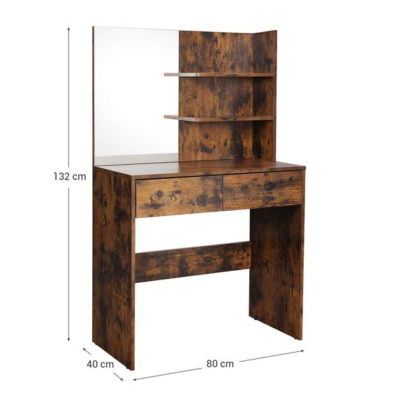 VASAGLE Schminktisch mit Spiegel, moderner Frisiertisch mit 2 Schubladen und offenen Regalablagen, rechteckiger Kosmetiktisch, Frisierkommode, für Make-up, Schlafzimmer, vintagebraun RDT116X01, 80 x 40 x 132 cm
